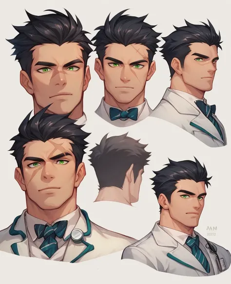 Character sheet, 194cm tall, male, fine muscle body shape, doctor, black hair, a half-bundle of hair,handsome, slightly fierce eyes, full of scars on the face, dark green eyes, 