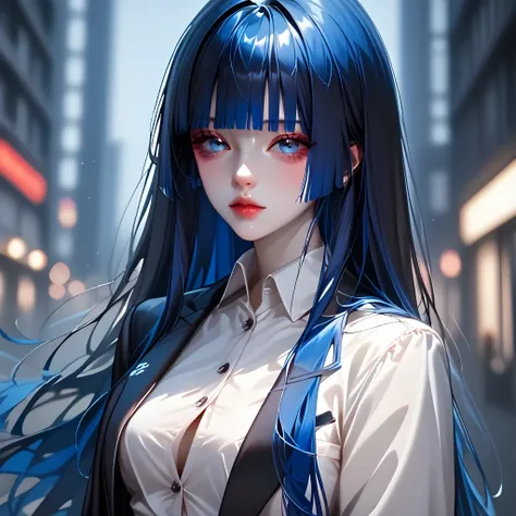 (( black hair))、(blue inner hair), best quality 、 Masterpiece、( professional lighting without shadows )、 surreal, charming、 figure like a slender supermodel 、 One Girl , ( character in foreground, blurred background), (medium boobs), (Bright, beautiful blu...