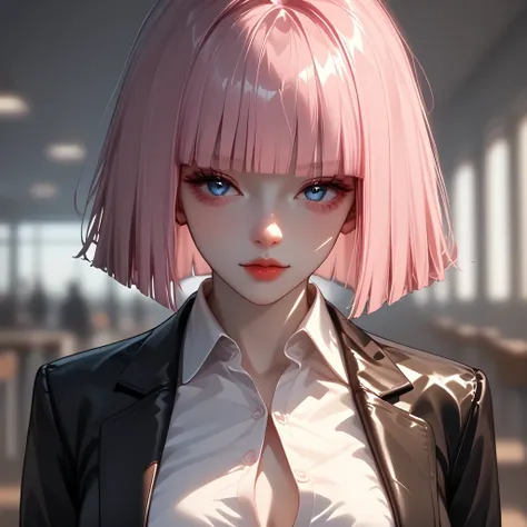 (( black hair))、(pink inner hair), best quality 、 Masterpiece、( professional lighting without shadows )、 surreal, charming、 figure like a slender supermodel 、 One Girl , ( character in foreground, blurred background), (大きい胸), (Bright, beautiful blue eyes ,...