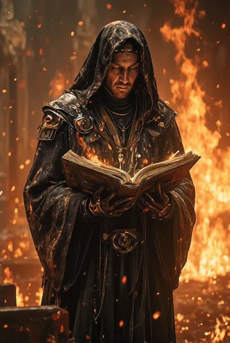 a highly detailed cyber priest of faith standing in a burning church reading a old manuscript