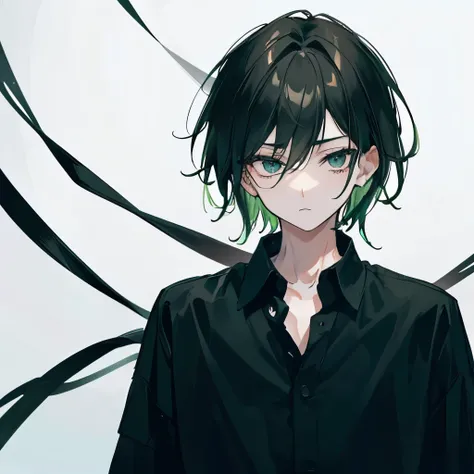  boy male teenager aesthetic loneliness,  wearing a black shirt ,  green hair, Beautiful Black Eyes , simple background,Just a little dark hair here and there, expressionless ,Downcast eyes,Wear a hat, black gloves,