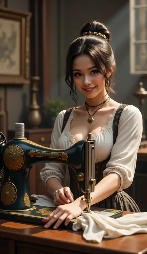 (19th century era),(far distance scenery angle), A hyper-realistic scenery image shot of a 19th century beautifully female tailor knitting cloth on a sewing machine, a tailor. The beautifully tailor is depicted in a full body angle view, showcasing her liv...