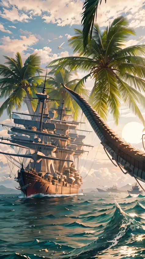  in high definition,Battleship、Yamato、 white delicate beach  , lush coconut palm  ,  waves are 10 meters high ,  Full Moon in the Sky , 真ん中にBattleship ,  the battleship was struck by lightning ,Dragon Attack、 Unreal Engine ,  Cinematic Lighting,  super hig...