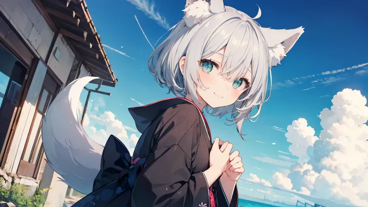   gray hair 、  illuminated by the dark 、 I had hair on one eye、summer、sea、Ruins、  low angle、Cumulonimbus、 slender、   cute pose、smile、   Cool Personality、   boyish、July、   kimono、  fox ears、 foxtail 、  high school girl、、 Masterpiece、 Masterpiece、 Pale blue-...