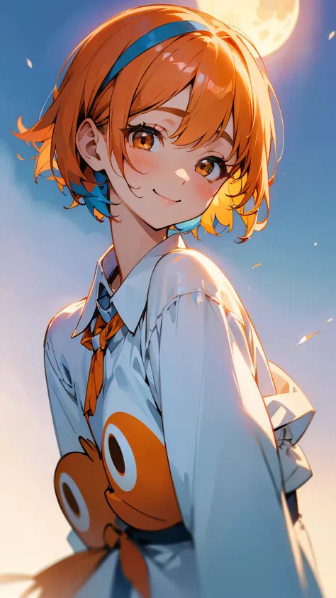  young woman、One person、white and blue blouse shirt 、Shiny light blue hair、 bob hair、 tie your hair with orange hair clips、 beautiful brown eyes 、 gentle gaze 、smile、 upper body close-up 、Shrimp mascot、Delicate contours、 Under the Moonlight、 background