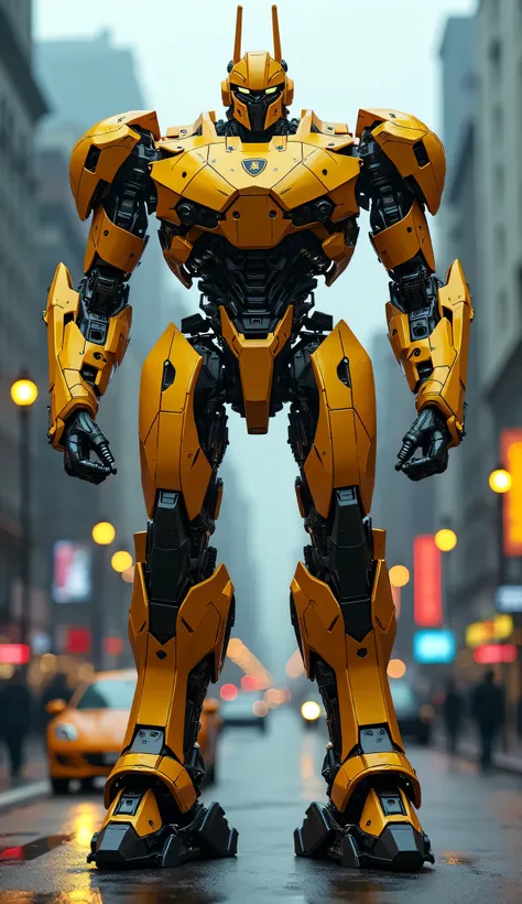 A towering, muscular robotic Transformer with a metallic yellow Lamborghini body, standing tall on a city street under cloudy weather. The car's sleek design transforms into a powerful robot with intricate mechanical details, glowing yellow neon lights hig...