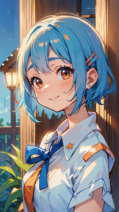  young woman、One person、white and blue blouse shirt 、Shiny light blue hair、 bob hair、 tie your hair with orange hair clips、 beautiful brown eyes 、 gentle gaze 、smile、 upper body close-up 、Shrimp mascot、Delicate contours、 Under the Moonlight、 background