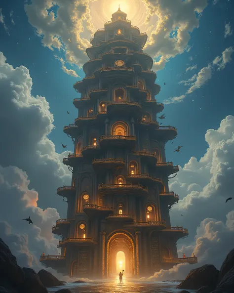 The Library of Infinite Knowledge :  A gigantic tower that extends to the clouds ,  with flying books and enchanted scrolls revolving around it .  Each library room contains a portal to different dimensions of knowledge.  Magi scholars and immortal sages i...