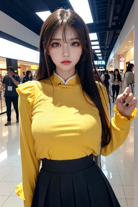 (((long black hair,  pretty Chinese idol, beautiful skin、big eye、 Brown Eyes 、forehead、Extreme pose、A calm face、dewy finish makeup:100.0、eyeliner:100.0, beautiful girl、shopping mall background、cute、Young、True Face、Shiny Hair、whole body)))、table top, highes...