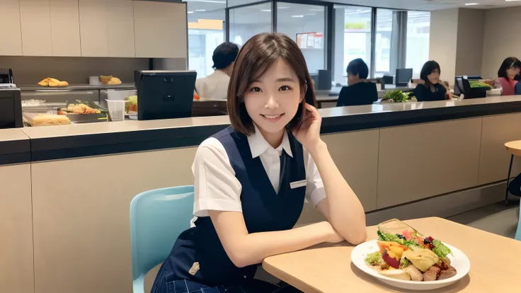  High definition photos 、Vision、 Japanese woman、 beauty、 cute young woman、  woman has short brown hair、smile、Banker、Navy blue vest、 white shirt 、 navy blue skirt 、lunch break、 Scenery of the employee cafeteria、lunch time、It's crowded、 in the office 、Fine w...