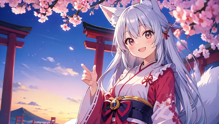  cute girl、  Japanese  、A happy smile、  silver hair、 beautiful background ,   in the seat 、Shrine maiden、 fox ears、