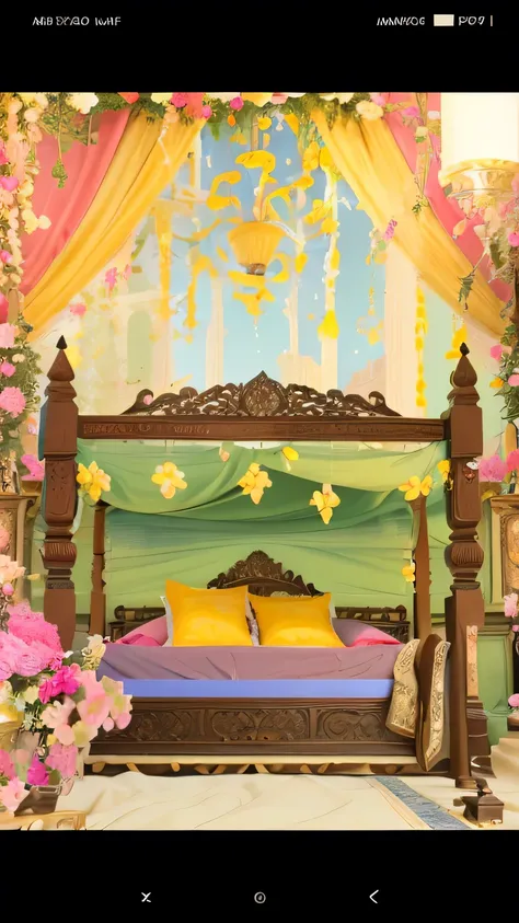 a close up of a bed with a canopy and flowers, flower decorations, lavishly decorated, decorated with flowers, 3d magical details, hight decorated, detailed scene, fully decorated, ornate and intricate backdrop, decoration around the room, ornate backdrop,...