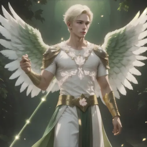 A cool man with a green aura and blond hair and short hair、White Feather、 can be seen all over、A short-haired blond angel young man with a long wizard's wand in one hand 、White and pink robe