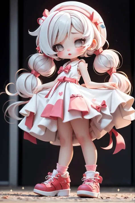  masterpiece,  Best Quality ,  Height Detailed, (Red Cliff),  cute, (whole body), ( pink lips :1.2),  blush,  empty eyes , pout, Bokeh, (Thick lips),  sparkles, spark, 1 Girl, skirt,  alone, Heart,  long hair, White hair, grids, red skirt,  heels,  red sho...