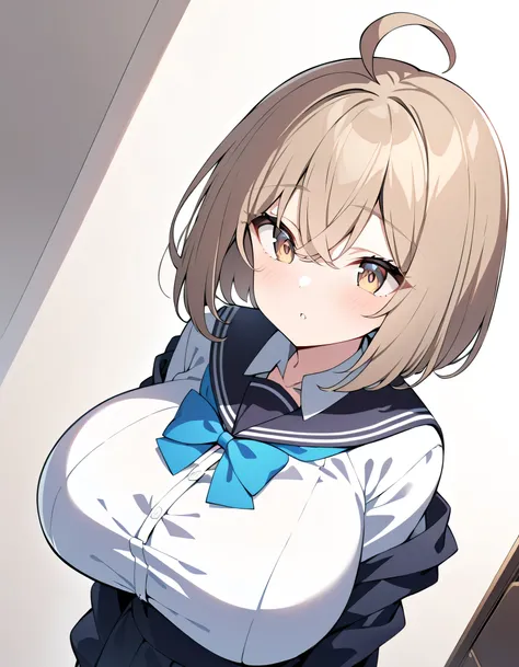 Female Solo, high school girl, brown eyes　light brown hair　 bob cut　((ahoge))　( long breasts)　 huge breasts ,school uniform　 white collared shirt , bust up angle, in ultra high quality　 top quality　 perfect body　 perfect eyes　 has the correct body structur...