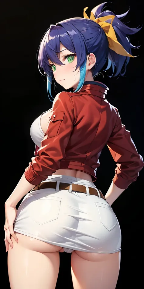 1 Female,High definition,high resolution,Ultra-realistic,8K,aaserena, yellow ponytail, ((multicolored hair)),green eyes, red jacket, black shirt, belt, (white skirt), tight skirt,(( miniskirt )), yellow panties,European,sexy,Upper body close-up,Photographe...