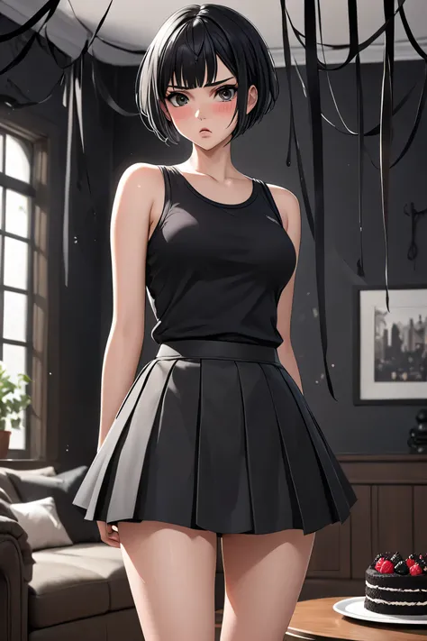 (masterpiece, best quality, 8k, high definition), whole body, 1 woman, black pixie cut, mid-chest, dark grey eyes, soft lips, beautiful face, wearing a black tanktop and tight black skirt, natural light, detailed background, Detailed Illustration Art, tsun...