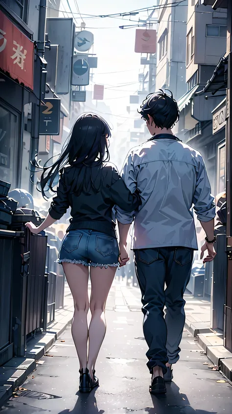 32k,Super fine,masterpiece,best quality,32k,no background,A man and a woman walking with their arms entwined, seen from behind in spring-like casual clothes.