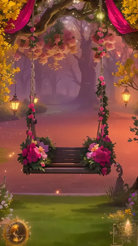 a close up of a swing with flowers and lights on it, fairy tale style background, magical fairy background, magical background, beatiful backgrounds, unreal engine ; romantic theme, hight decorated, background artwork, swing on a tree, royal garden backgro...