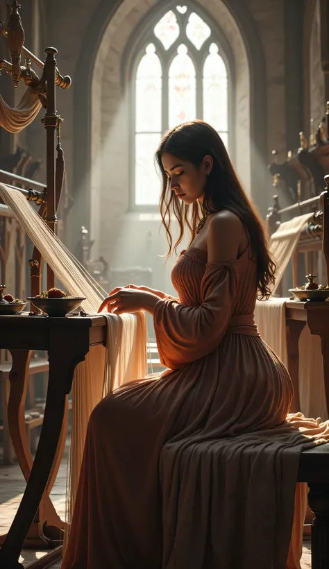 a painting of a woman knitting a piece of cloth in a church, renaissance digital painting, graphic artist magali villeneuve, medieval fantasy art, beautiful digital artwork, magali villeneuve', medieval art style, mary jane ansell, one of the weavers of de...