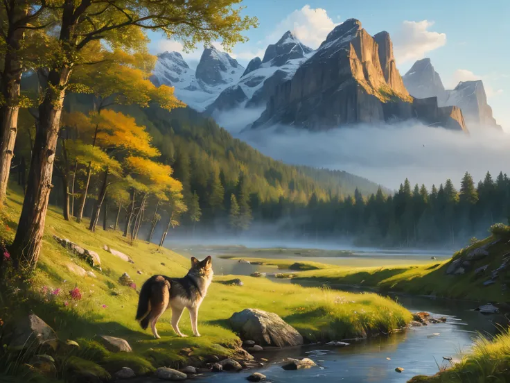 Rin々A wild wolf was drawn、 beautiful landscape painting 