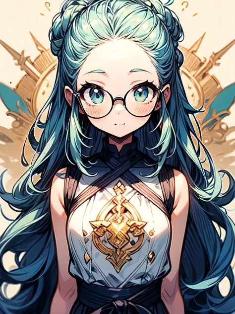 alone,upperbody,mint green top knot,forehead,glasses, Intelligent ,golden holy dress, Intelligent 笑顔,(  manga style),(sketch),(illustration), masterpiece , best quality,