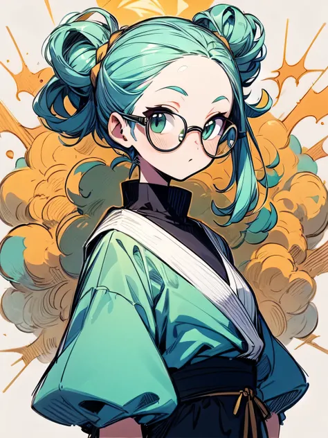 sideview,(looking at viewer),alone,upperbody,mint green top knot,forehead,glasses, Intelligent ,golden holy dress, Intelligent 笑顔,(  manga style),(sketch),(illustration), masterpiece , best quality,