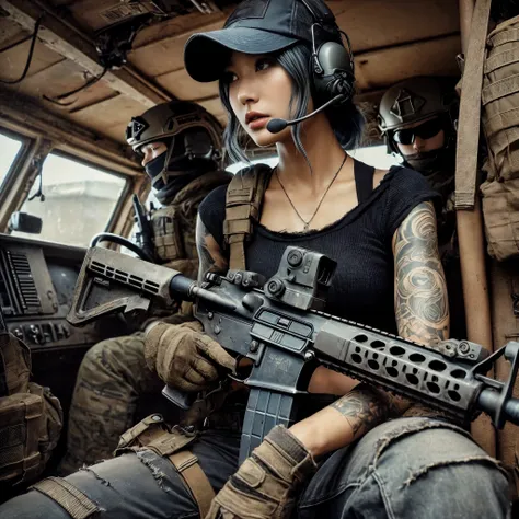 (Best quality, 8k, Photorealistic: 1.37), well-worn boots、Realistic skin texture, Beautiful Japanese Navy SEAL female member, damaged Automatic rifle, Breakthrough team, Face, Front of personnel carrier, Cap, Three Knitted, military pants, boots, tattoo, b...