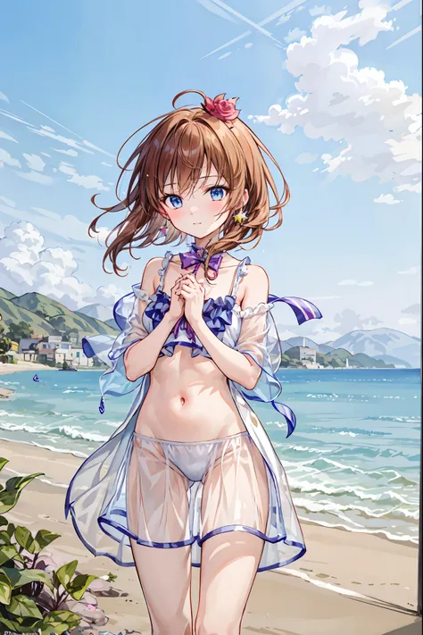 Beautiful painting,  top quality,   cute女の子,  beach,  pastel colors,  brown long hair , Rabbit doll, Bright Star,  brown eyes, Chest,  cute expression ,  cute,  Exposed Shoulders,  dress,  wet,  Passersby, belly button,  Embarrassing,  white skin, Active, ...