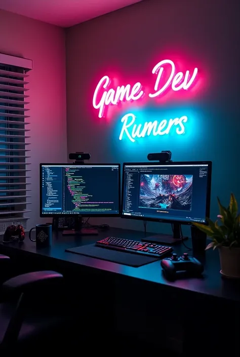 

Background: A cozy, modern game development studio with a dimly lit atmosphere. The main light sources are neon lights, which cast a cool, cyberpunk vibe across the room.
Desk: A sleek, black desk with a high-end computer setup. You see a couple of monit...