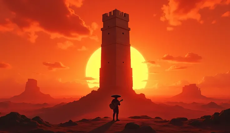 a big stone watchtower crowling in a red desert, beautifull sunset, in the middle a mexican mariachi man  with a guitar sing with the head looking to down, emotional