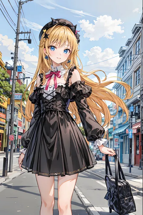  Masterpiece, Park,  blue sky,  blond,  long hair, Dull Bangs Bangs , long eyelashes, blue eyes,  Black Gothic Lolita, smile, Ribbon in hair, Gentle expression， Hair， shortcuts， Unkempt Hair，Short braided hair，Neat， slender beautiful woman，Correct posture，...