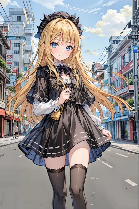  Masterpiece, Park,  blue sky,  blond,  long hair, Dull Bangs Bangs , long eyelashes, blue eyes,  Black Gothic Lolita, smile, Ribbon in hair, Gentle expression， Hair， shortcuts， Unkempt Hair，Short braided hair，Neat， slender beautiful woman，Correct posture，...