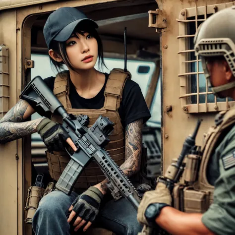 (Best quality, 8k, Photorealistic: 1.37), well-worn boots、Realistic skin texture, Beautiful Japanese Navy SEAL female member, damaged Automatic rifle, Breakthrough team, Face, Front of personnel carrier, Cap, Three Knitted, military pants, boots, tattoo, b...