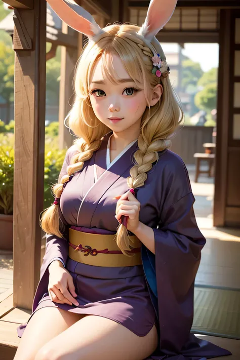  cute girl 、 blonde、 braids、 rabbit ears、 kimono