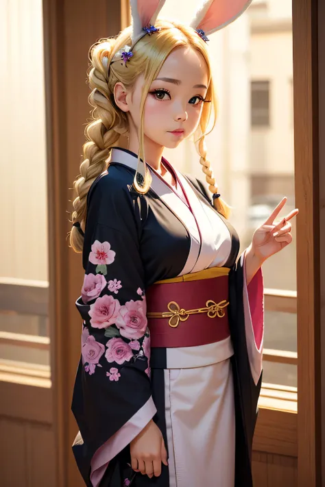  cute girl 、 blonde、 braids、 rabbit ears、 kimono