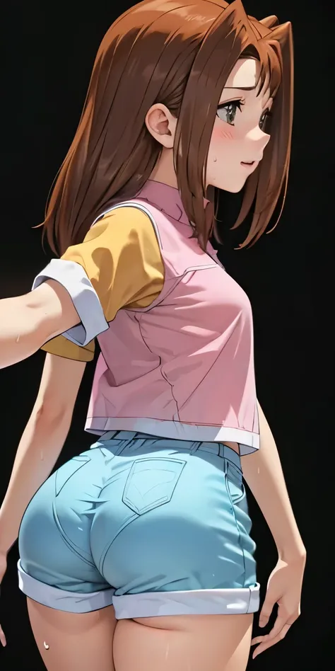 1 Female,High definition,high resolution,Ultra-realistic,8K,serenitydm, gray eyes,long hair, brown hair, pink shirt, blue shorts,European,sexy,Upper body close-up,Photographed from the front,Dynamic Angles,blush, small tits,cute face, facial, sweat, perfec...