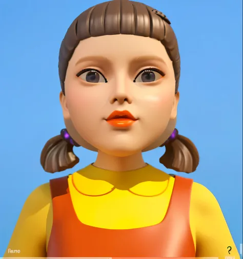 The image depicts a plastic doll with brown hair styled in pigtails, wearing a yellow and orange outfit, and a purple hair accessory. The background is a solid light blue color.smooth 3d model, multiple light sources, rim light, sharp post effects render, ...