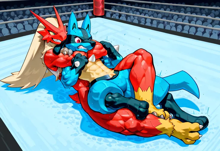 4k ultra quality, 4k full body view,masterpiece quality, large blaziken dominates small lucario, wrestling, submission hold, [lucario:close the eyes, painful expression, very small build, young], [blaziken:giant bulky muscular, massive strong body, very th...