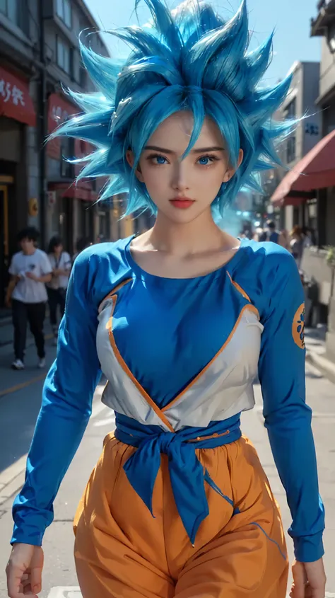 a woman in a blue and orange outfit walking down a street, saiyan girl, anime cosplay, female goku, anime girl cosplay, character dragonball, human goku, anime inspired, anime-style, anime girl in real life, anime character; full body art, bulma from drago...