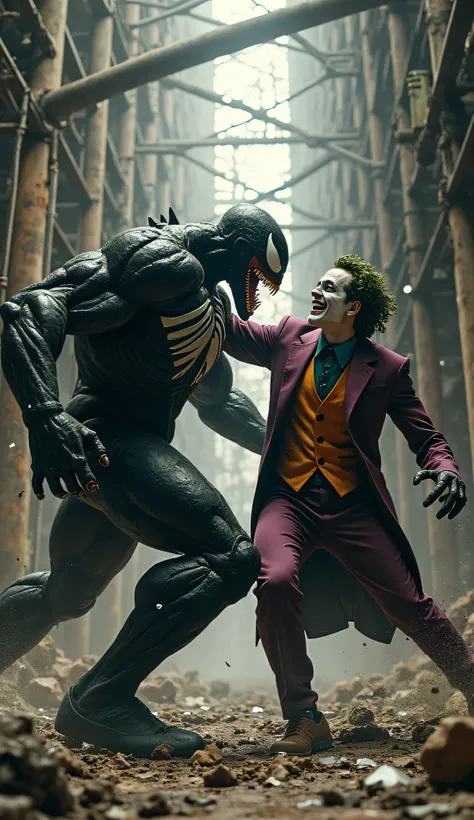 Venom and joker fight together .background is old, abandoned factory with broken windows and rusted pipes. Realistic image 