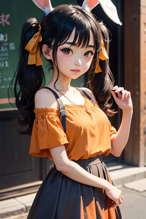  cute girl 、 twin tails、 black hair、 rabbit ears、 orange clothes 、 BLUE SKIRT  