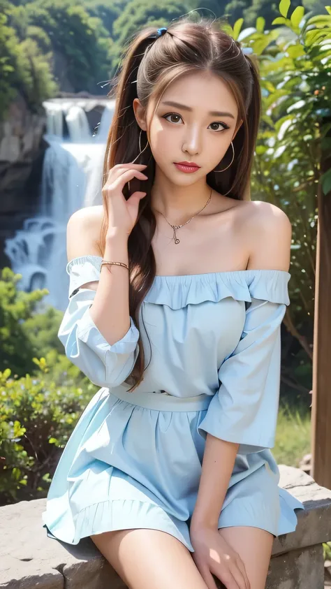  tan:1.5、 off shoulder、Gal clothes、(  top quality, 8k,  Masterpiece,  RAW photos : 1.3), beautiful korean woman, A toned and well-trained body、 ( ear piercing、 necklace、 twin tailsヘア),  earrings, Thin Bracelet, whole body,  Highly detailed faces and skin t...