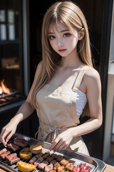  Masterpiece, top quality, very detailed,photo is present, is present,  ultra high resolution,  masterpiece , beautiful girl, blonde, straight hair, long hair, emerald eyes, perfect eyes, small breasts, so cute, apron, barbecue