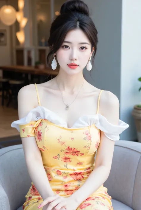 (  Slim fit  ,      Super detailed face     ,      best quality     : 1.2),     Korean Beauty Close-up Top         ,  red,     Yellow White Asymmetrical Leak-Shoulder Tight Evening Dress, Print Pattern      ,         Translucent White Scarf Collar         ...