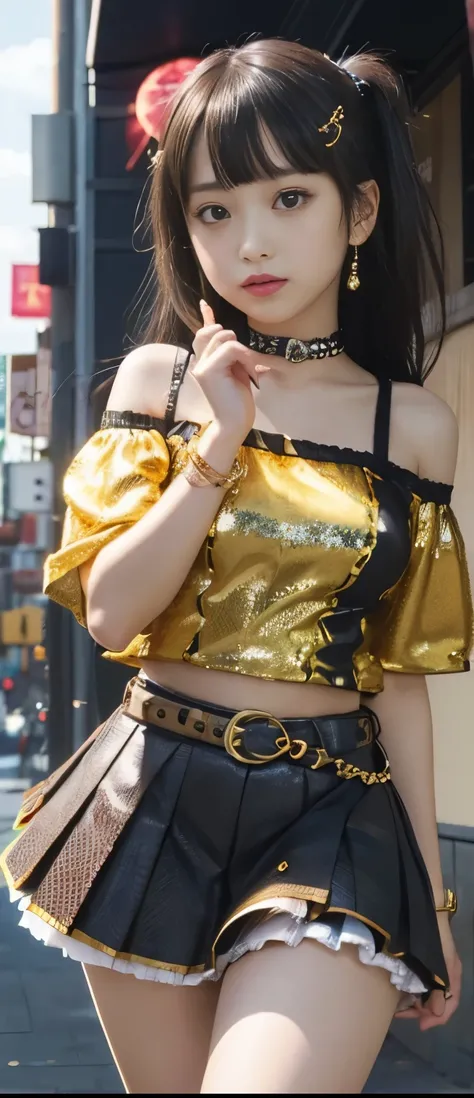  pure idol girl、A pure girl's face、 hypo、gold sequin shirt（ off shoulder）、 pleated miniskirt 、Skeleton Belt、、Glowing Punk Town 