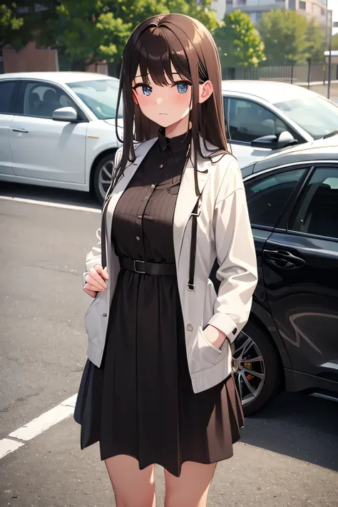 (( top quality )), ((masterpiece)), ( Details),One girl, cute, long dark brown hair, medium breasts, modest dress, embarrassed face (0.5), standing next to car