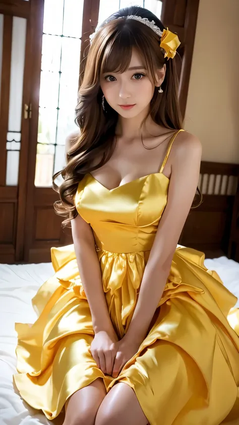 (((Top Quality))), (((Masterpiece))), (((Details))), tall, looking at camera, face-to-face, yellow shiny silk satin ruffle girly empire length wedding dress, hands thrust forward, Japanese, brown hair, long hair, gorgeous room,. Gorgeous ribbon hair access...