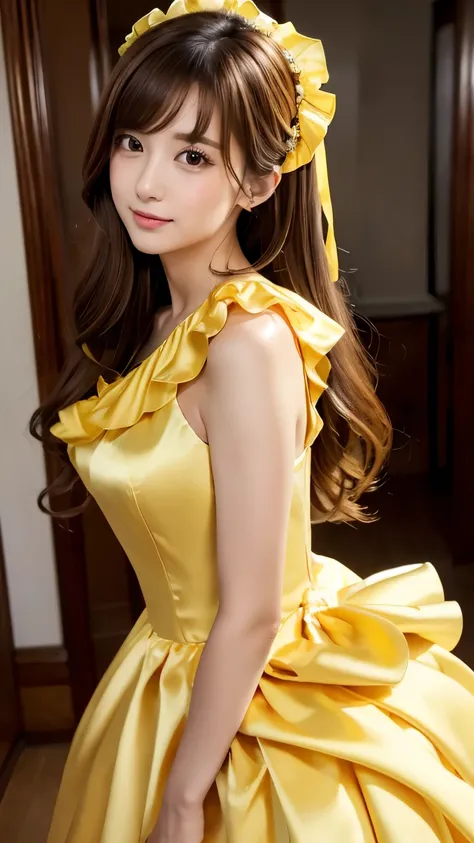 (((Top Quality))), (((Masterpiece))), (((Details))), tall, looking at camera, face-to-face, yellow shiny silk satin ruffle girly empire length wedding dress, hands thrust forward, Japanese, brown hair, long hair, gorgeous room,. Gorgeous ribbon hair access...