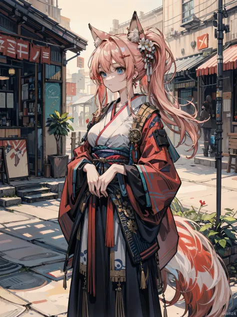 earring, half updo, hair ornament, outdoor, cowboy shot, long torso, covered breasts, strong female warrior, Beautiful red kimono, (fox nine-tails:1.2), well-proportioned,